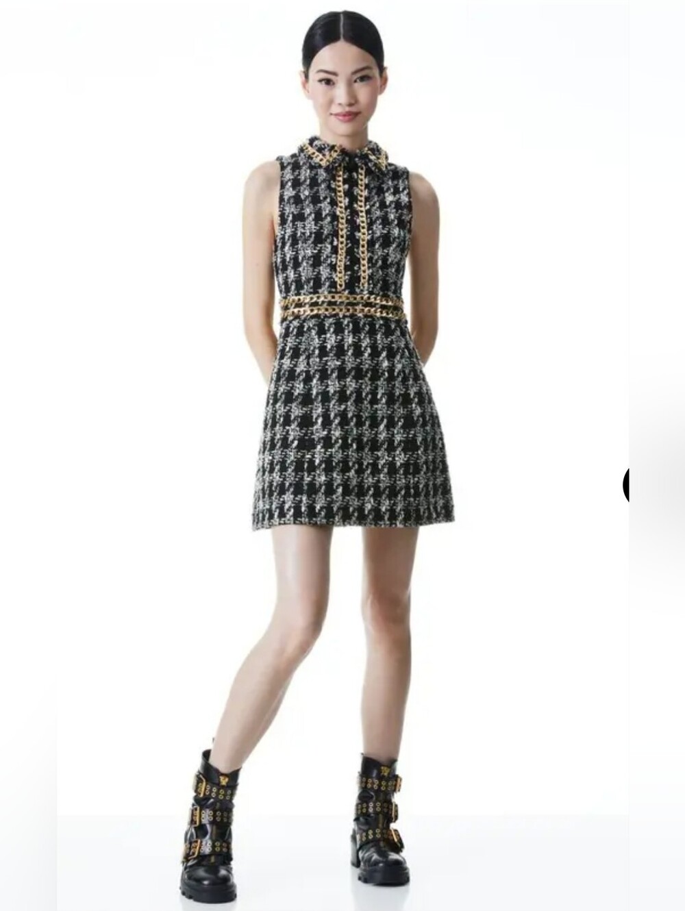 Ellis Chain-Embellished Checked Tweed Mini Dress, Small-petite.